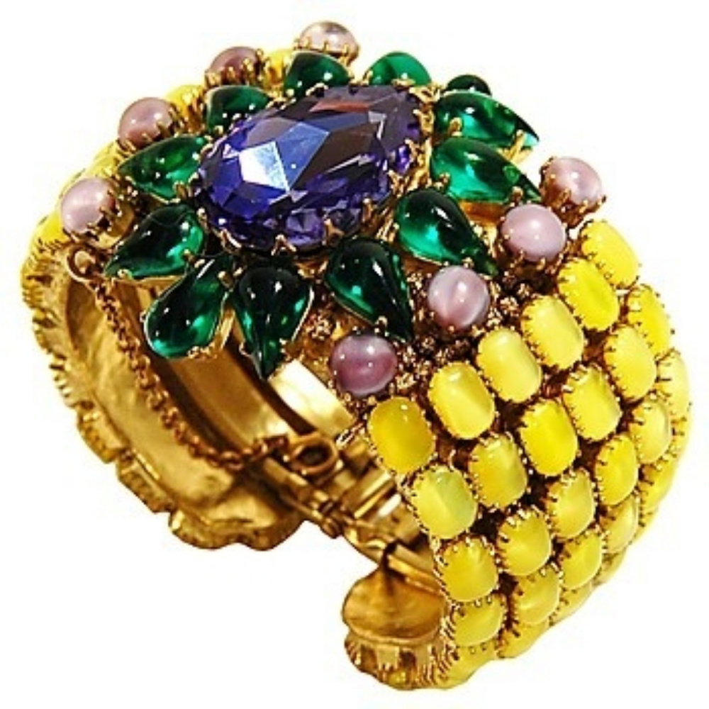 Gold Tone Multicolor Gemstone Cuff Bracelet - Yellow, Green & Purple
